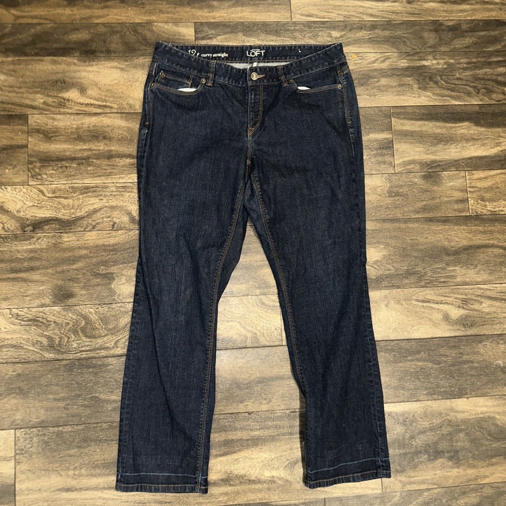 LOFT Ann Taylor Curvy Straight Dark Wash Denim Jeans Women's Size 12P Mid-Rise